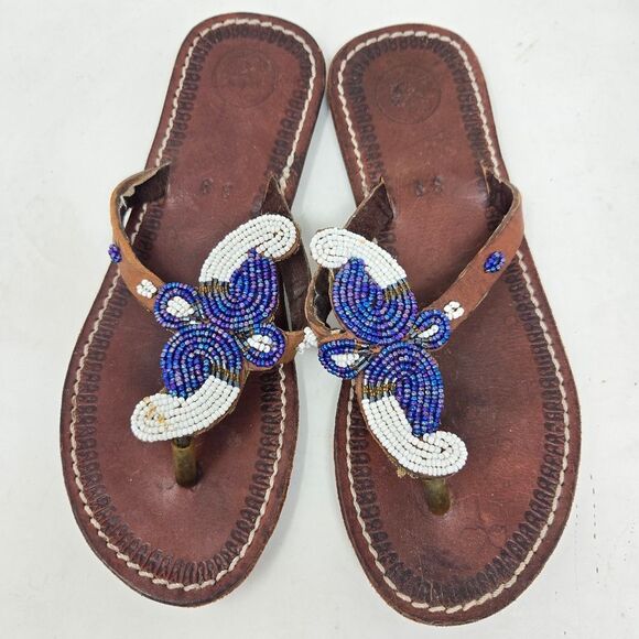 Leather Beaded BOHO Sandals Flip Flops Paisley Sz 39 Colorful Made In Africa - Picture 3 of 12